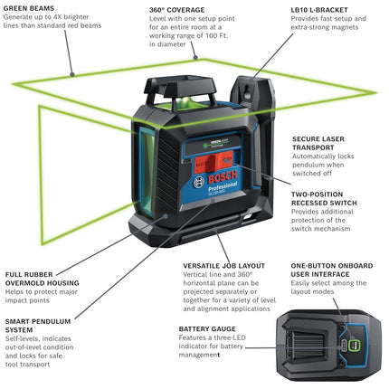 BOSCH GLL50-40G Green-Beam Self-Leveling 360 Degree Cross-Line Laser, Includes 4 AA Batteries, L-Bracket, Ceiling Clip, & Hard Carrying Case