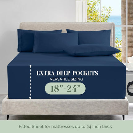 Elegant Comfort Luxury Soft 6-Piece 1500 Premium Hotel Quality Bed Sheet Set with Extra Deep Pockets 18-24 Inch, Wrinkle Free, Storage Pockets, Extra Deep Pocket 6PC Sheets, Full, Navy Blue