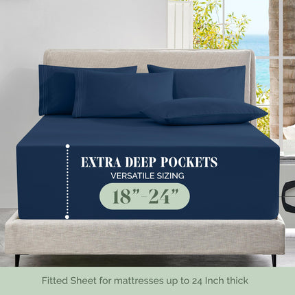 Elegant Comfort Luxury Soft 6-Piece 1500 Premium Hotel Quality Bed Sheet Set with Extra Deep Pockets 18-24 Inch, Wrinkle Free, Storage Pockets, Extra Deep Pocket 6PC Sheets, Full, Navy Blue