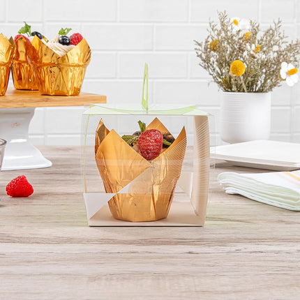 Restaurantware-4 Inch x 4.25 Inch Cupcake Boxes, 100 Disposable Cupcake Display Boxes - with Handle, Geometric Line Accent, Clear Plastic Single Cupcake Containers, for Weddings Or Birthdays