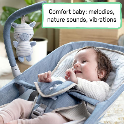 Ingenuity, Happy Belly Rock-to-Bounce Seat, Music, Vibration, Removable Toy Bar, Plush Toy Sloth, 0-6 Months, Blue - Chambray