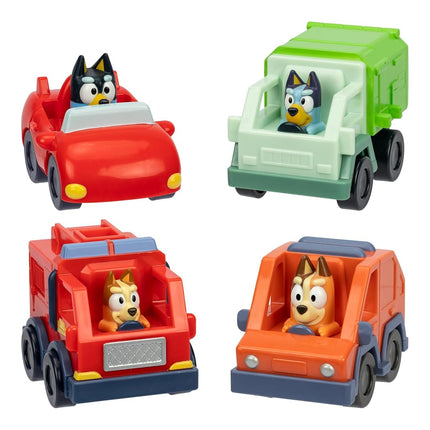 BlueY Mini Racing Cars, 4 of The Most Popular Vehicles in Small Format Play Garbage Truck, Bingo in The Fire Engine, Bandit in The Convertible and Chilli in The Heeler Family Car. Collect Them All!