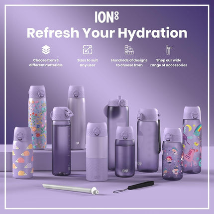 Ion8 Vacuum Insulated Stainless Steel 1 Litre Water Bottle, 920ml, Leak Proof, One-Finger Open, Secure Lock, Carry Handle, Dishwasher Safe, Scratch Resistant, Ideal for Sports and Yoga, Light Purple