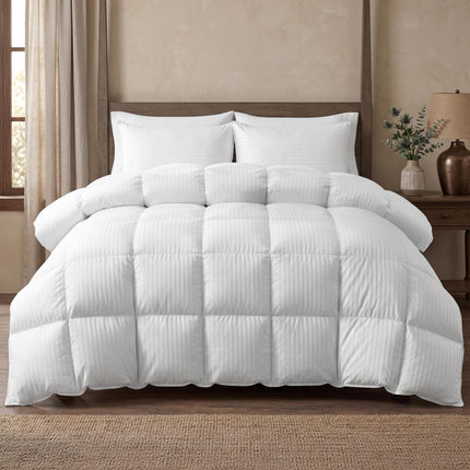 Elegant Comfort Premium Hotel Quality 1200 Thread Count 100% Egyptian Cotton, Juego de edredón de algodón de 3 piezas a rayas con relleno alternativo de plumón - Acolchado - Relleno de edredón con 4 pestañas en las esquinas, King, Blanco