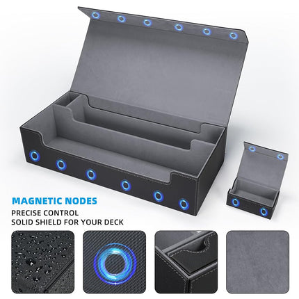 AFIING Mtg Deck Box Holds 5 Display Card Deck Boxes with Mtg Playmat & Dice Box,10 Dividers,1Card supporter, Trading Card Storage Box for Magic Yugioh Sports Cards (Black &Grey)