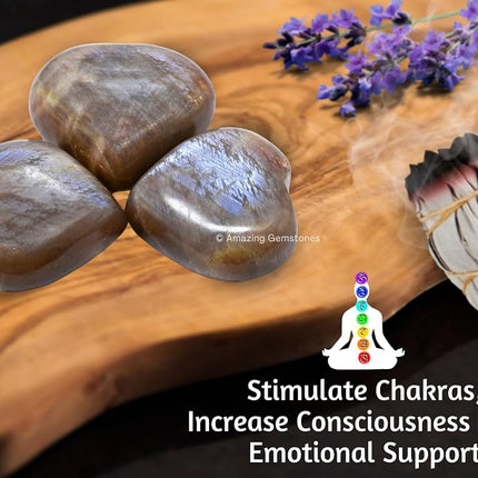 Amazing Gemstone Sun Moonstone Crystal Heart Palm Stone - Pocket Massage Worry Stone for Natural Body Chakra Balancing, Reiki Healing and Crystal Grid