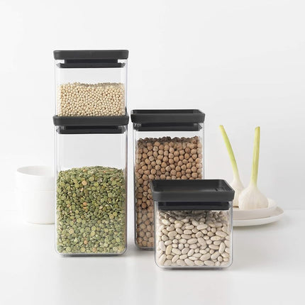 Brabantia Set of 4 Tasty+ Square Stackable Food Canisters/Storage Jars (Dark Grey) Space Saving Transparent Plastic Tubs with Lids, (122422)