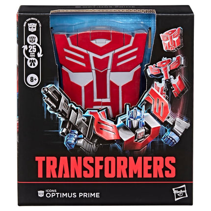 Transformers Icons Optimus Prime 6.75-Inch Voyager Class Action Figure that Converts to Autobot Logo Symbol, Display Stand, Robot Toys for Ages 8+