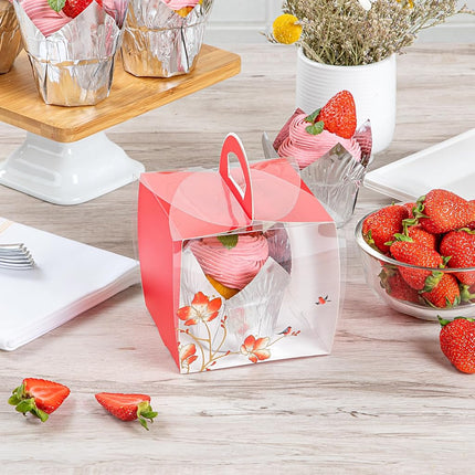 Restaurantware-4 Inch x 4.25 Inch Individual Cupcake Boxes, 100 Disposable Cupcake Display Boxes - with Handle, Bird Accent, Clear Plastic Single Cupcake Containers, for Weddings Or Birthdays