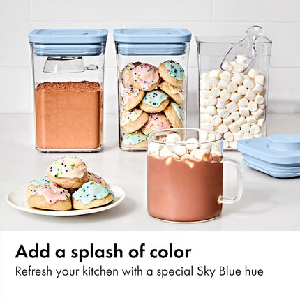 OXO Good Grips 3-Piece POP Container Set with Mini Scoops — Sky Blue, 1.1 Qt/1 L Capacity, Airtight Pop-Up Container with Push-Button Seal, Kitchen Storage Canisters for Cereal and Snacks