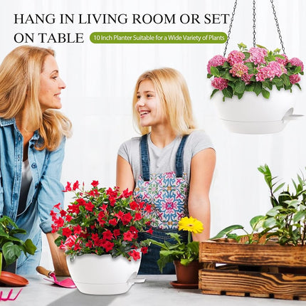 SQKH 10 Inch Hanging Baskets 2 PC with Chains, Self-Watering Hanging Planters for Indoor Outdoor Plants, Plastic Hanging Flower Pots,White
