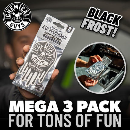 Chemical Guys Black Frost Air Freshener and Odor Eliminator, 16 fl oz Spray with 3 Pack of Hanging Air Fresheners (Great for Cars, Trucks, SUVs, RVs, Home, Office, Dorm Room & More) - HOL432