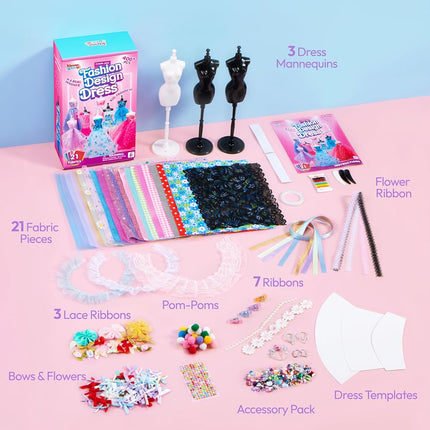 Klever Kits 400+PCS Fashion Design Crafts for Kids, Art and Crafts, DIY Sewing Kits with 3 Mannequins for Girls Aged 8-12, Birthday Presents, Toys for Kids