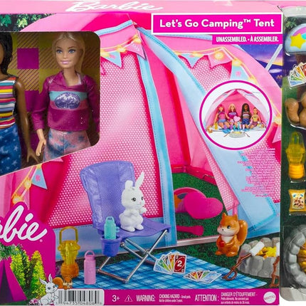 Barbie Dolls & 20 Accessories, It Takes Two Camping Tent Playset with Brooklyn & Malibu, Plus 2 Moving Animals, HGC18