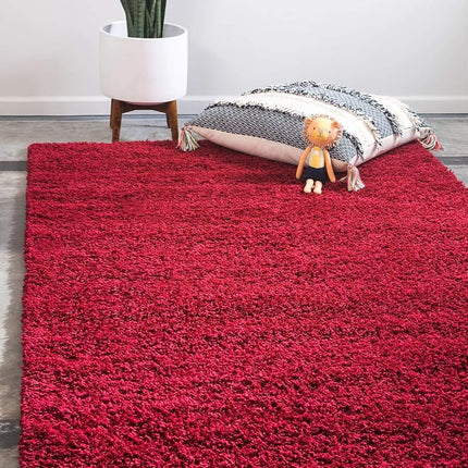Alfombra de área Unique Loom Solo Solid Shag Collection - Alfombra moderna de felpa exuberante y suave (1.22 x 1.83 m rectangular, rojo cereza)