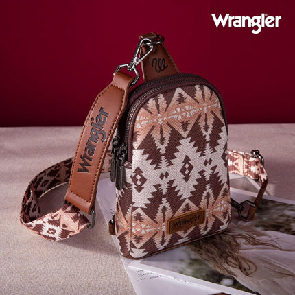 Wrangler Aztec Sling Bag Southwest Crossbody Bags Trendy Chest Bag, Light Coffee