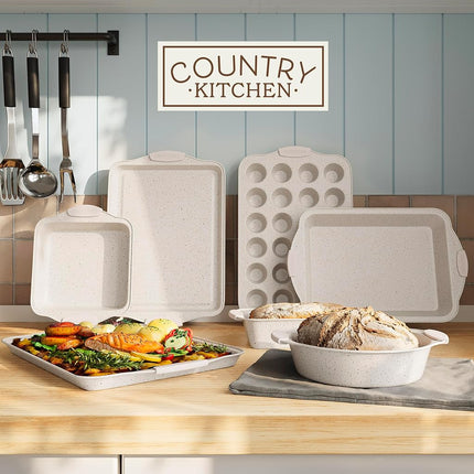Country Kitchen Nonstick Stackable Bakeware Set - Durable, Easy Release Baking Set, Cream, 10 Pcs