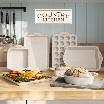 Country Kitchen Nonstick Stackable Bakeware Set - Durable, Easy Release Baking Set, Cream, 10 Pcs