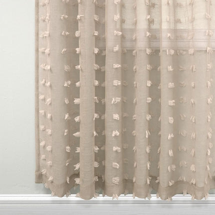 KOUFALL Taupe Small Window Curtain for Bathroom,Boho Pom Pom Textured Earthy Neutral Semi Sheer Short Curtains for Kitchen,52 by 45 Inch Length