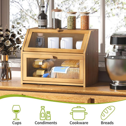 BMOSU Farmhouse Bread Box for Kitchen Countertop Bread box Double Layer Bamboo Wooden Extra Large Capacity Bin Kitchen Food Storage Container(Natural)