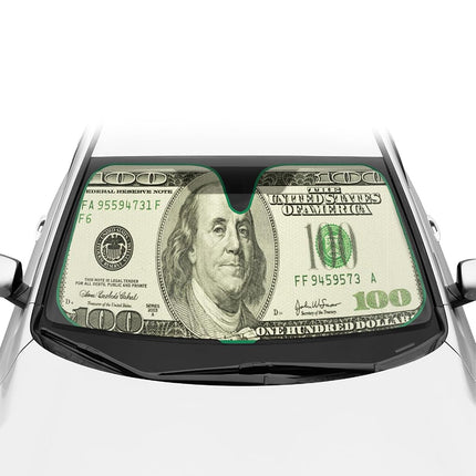 Hundred Dollar Bill Benjamin Franklin Front Windshield Sun Shade - Accordion Folding Auto Sunshade for Car Truck SUV - Blocks UV Rays Sun Visor Protector - Keeps Your Vehicle Cool - 58 x 28 Inch
