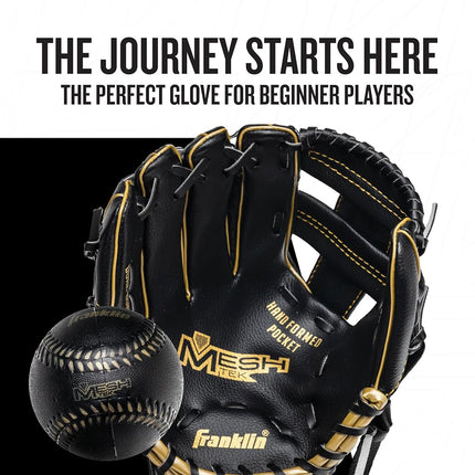 Franklin Sports Kids Baseball Gloves - Meshtek Child's Teeball Glove + Ball Set - Boys + Girls Teeball Mitt Set - Left Hand Throw - 9.5" - Black/Gold