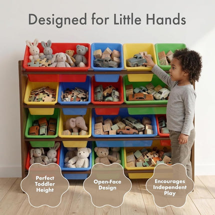 Humble Crew Children's Shelf, Toy Organiser Shelf with 16 Storage Boxes, Dark Wood/Primary