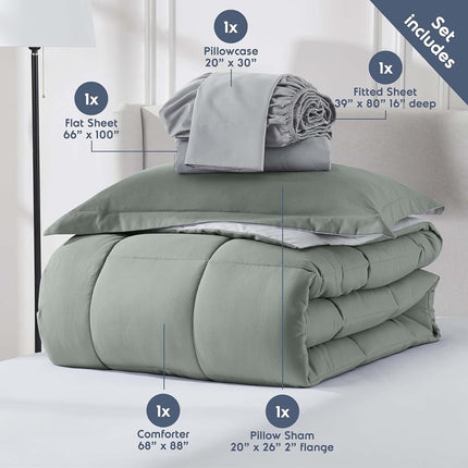 Nestl Twin XL Comforter Set 5 Piece - Reversible Twin XL Bedding Set Sage Green, College Dorm Essentials Bed in a Bag, Twin XL Comforter Set for College Girls & Boys with Sheets, Pillowcase and Sham