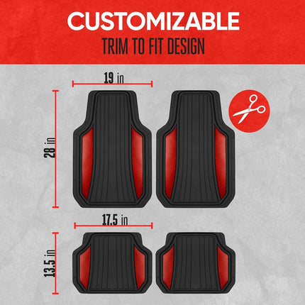 Juego completo de alfombrillas para coche Motor Trend ChromeTech - Alfombrillas de goma duraderas para coches con detalles de dos tonos, protección interior para todo tipo de clima para la parte delantera y trasera con reverso antideslizante, cromo rojo