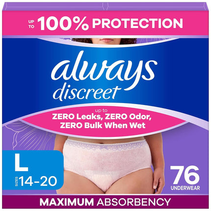 Always Discreet Adult Incontinence Underwear for Women and Postpartum Underwear, up to 100% Bladder Leak Protection, Large, 76 Count