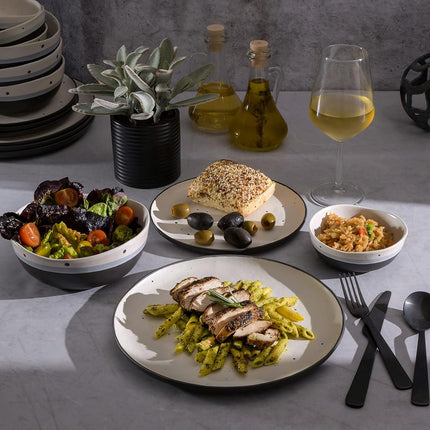 Gibson Elite 101984.16RM Rhinebeck Round Reactive Glaze Double Bowl Stoneware Dinnerware Set, Service for Four (16pcs), White and Black