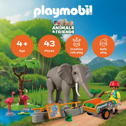 Playmobil | Animal and Friends | Elephant with Animal Keeper | Zoo Toy Set with 4 Animals and Enclosure Accessories, For children aged 4 and up, 72068