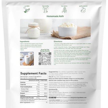 Organic Inulin FOS Powder (From Jerusalem Artichoke), 1KG (35 Ounce), Prebiotic Intestinal Support, Colon and Gut Health, Natural Water Soluble Fibers for Smoothie and Drinks, No GMOs & Vegan Friendly
