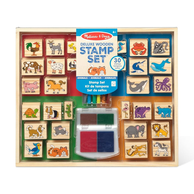 Melissa & Doug Deluxe Wooden Stamp Set: Animals - 30 Stamps, 6 Markers, 2 Stamp Pads