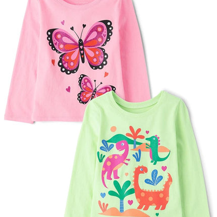 Camisetas gráficas surtidas de manga larga para bebé y niña de The Children's Place, paquete de 2 de mariposa rosa/dinosaurios, de 18 a 24 meses