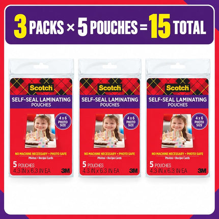 3 Pack of 5 Scotch 4 x 6 Inches Self-Sealing Laminating Pouches