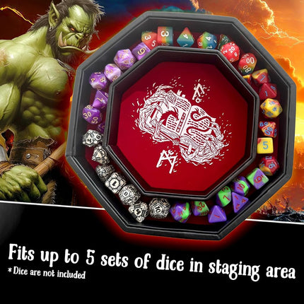 Fantasydice RED Fire Dragon with Wizard Book Print Dice Storage and Rolling Tray 8" Octagon with Lid and Dice Staging Area- Holds 5 Sets(7 Dice Set/Standard) for All Tabletop RPGs