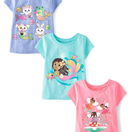 The Children's Place T-shirts graphiques à manches courtes assortis pour bébés filles et tout-petresses, lots multiples, Sirènes/Fées/Animaux, 12-18 mois