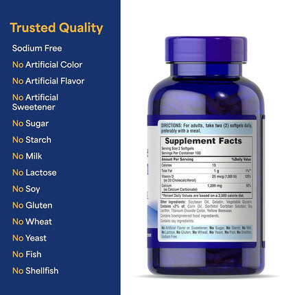 Puritan's Pride Absorbable Calcium with Vitamin D 1000iu Softgels, 1200 mg, 200 Count