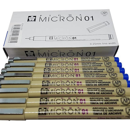 Sakura Pigma Micron pen 01 Blue ink marker felt tip pen, Archival pigment ink pens for artist, zentangle, technical drawing pens - 8 pack of Micron 01 Blue