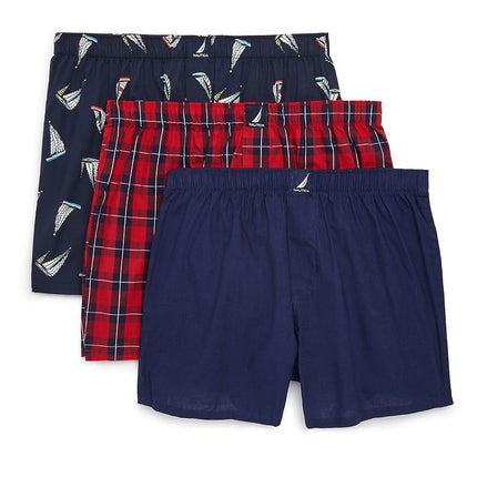 Nautica Men's Classic Cotton 3-Pack Woven Boxer Shorts, Peacoat/Winter Plaid-red/Holiday Sailboats-Peacoat, S