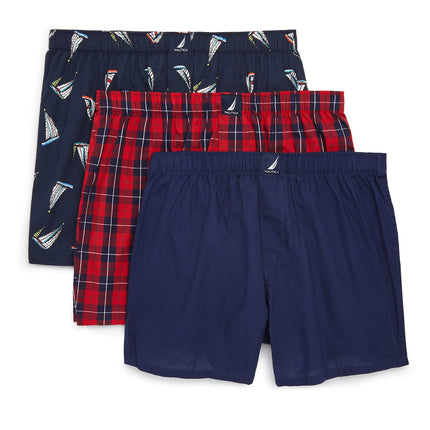 Nautica Men's Classic Cotton 3-Pack Woven Boxer Shorts, Peacoat/Winter Plaid-red/Holiday Sailboats-Peacoat, M
