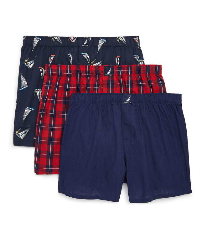 Nautica Men's Classic Cotton 3-Pack Woven Boxer Shorts, Peacoat/Winter Plaid-red/Holiday Sailboats-Peacoat, M