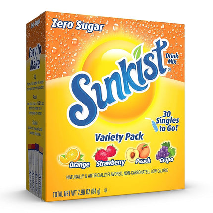 Paquete variado de refrescos Sunkist, sobres individuales para llevar de naranja, fresa, uva y durazno (30 sobres en total)