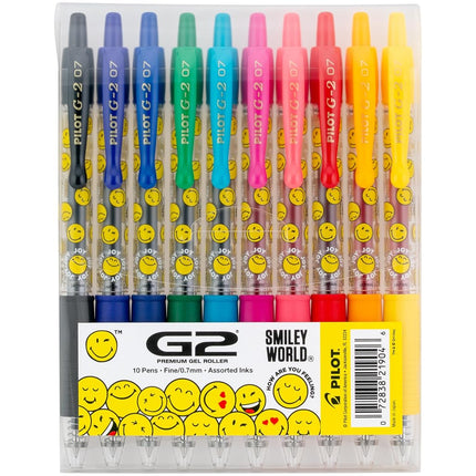 PILOT, G2 Premium Gel Roller Pens, G2 x SmileyWorld® Collection, Write Happier, 10 Pack Pouch, Fine Point 0.7 mm, Assorted