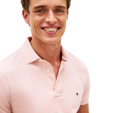 Tommy Hilfiger Men's Short Sleeve Polo Shirts in Slim Fit with Stretch and Organic Pique Cotton, Pale Pink Mottled, XL
