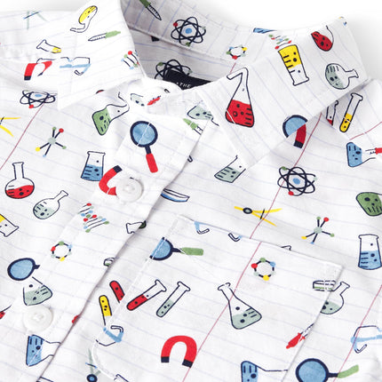The Children's Place Baby Boys' Poplin Short Sleeve Button Down Shirt, White School Doodle, 2T