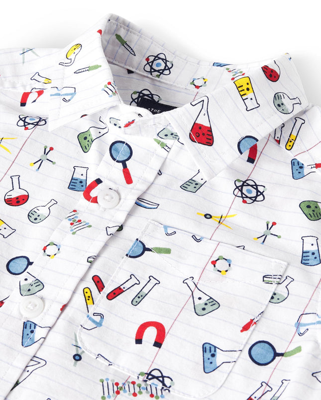 The Children's Place Baby Boys' Poplin Short Sleeve Button Down Shirt, White School Doodle, 2T