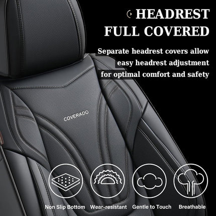 Coverado Car Seat Covers Full Set, 5 Piece Car Seat Protector with Lumbar Support & Removable Headrest, Breathable Leather Front Rear Seat Cushion Universal Fit for Truck Automotive Black