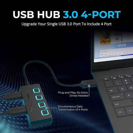 SABRENT USB Hub 4 Port Fast 5Gbps USB Splitter 3.2, with LED Switches, 68CM (2ft) Cable, Slim & Portable for Mac/PC (HB-UM43)